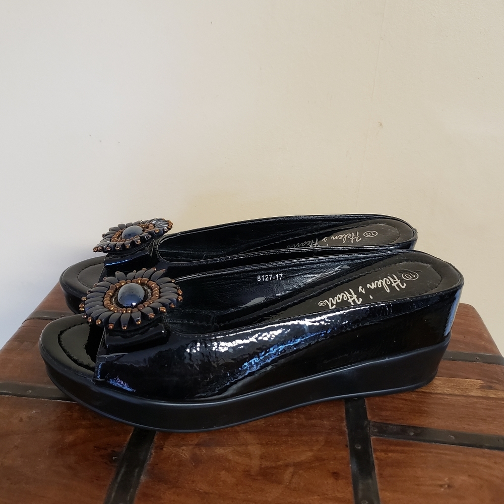 Black beaded patent slide sandal
